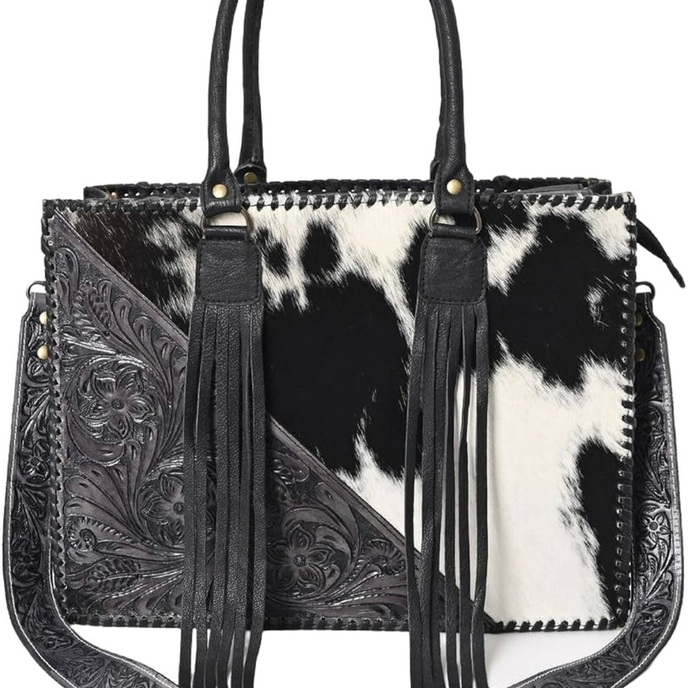 Merbaa Black and White Leather Fringe Handbag